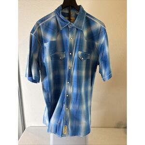 Larry Mahan Cowboy Collection Pearl Snap Short Sleeve Shirt Plaid Blue Size 2XL